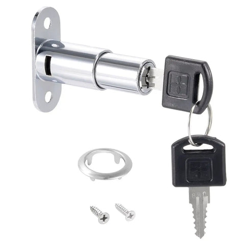 Heavy Duty Push Plunger Cabinet Lock For Dresser And Desk Drawers Zinc Alloy Chrome Finish with keys and installation hardware.