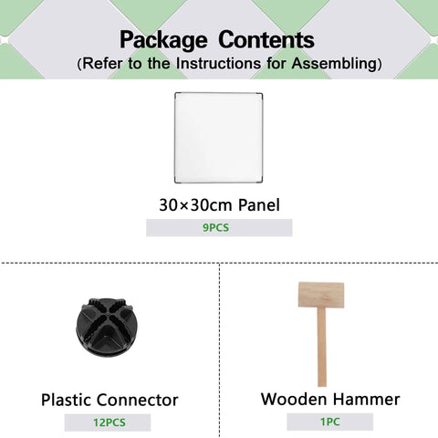 Package contents of Two Cube Storage Organizer Unit For Bedroom Living Room And Office, includes panels, connectors, hammer.