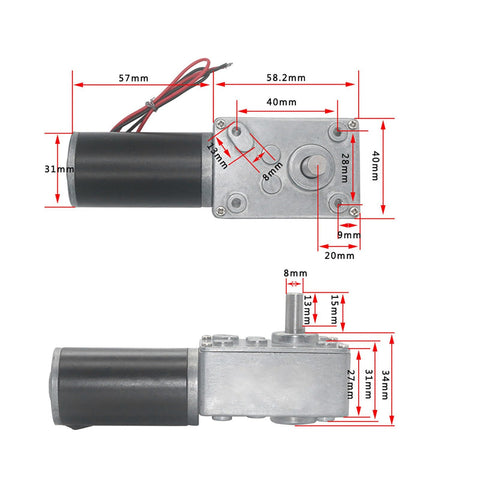 DC 12V Worm Gear Motor High Torque Gear Reduction Motor With Reversible Operation 50 RPM And 8mm Shaft showing dimensions.