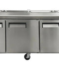 Built Tough Commercial Pizza Prep Table Refrigerator, 90 Inch Stainless Steel Workcounter, ETL Certified Fridge Cooler with mobile casters.