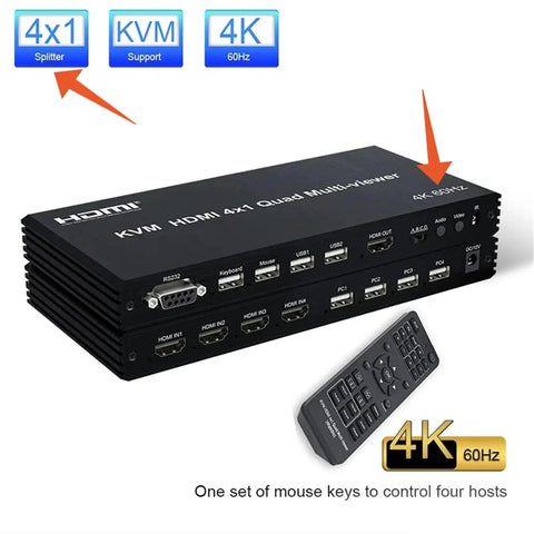 Slick 4K Hdmi Kvm Switch With 8 Port Video Multiviewer Featuring Seamless Quad Screen Display And Crisp 60Hz Ultra Hd Output Ideal For Pc Workstations Delivers Straight Up Easy Setup With A Solid Usa Plug For Any Desk showing 4x1 splitter with HDMI ports.