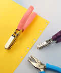Three Piece Metal Handheld Hole Punch Set With Plastic Handle Includes Different Hole Diameters For Diy Crafts And Tag Making Great For School Supplies Pink Purple Blue Vivid Style