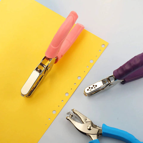 Three Piece Metal Handheld Hole Punch Set With Plastic Handle Includes Different Hole Diameters For Diy Crafts And Tag Making Great For School Supplies Pink Purple Blue Vivid Style