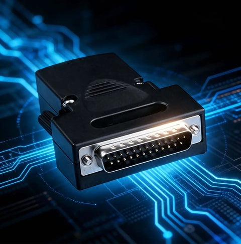 DB25 Solderless Male Adapter For RS232 D Sub Serial To 25 Pin Port Connector on blue circuit board background