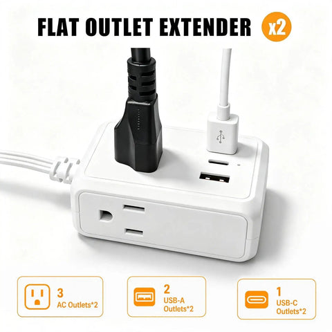 Ditch The Janky Setup With This 12 Ft Twin Extension Cord Offering Three Side Outlets And A Sleek Flat Plug For Zero Plug Fighting And Effortless Fast Charging Anywhere with multiple outlets.