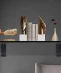 Heavy Duty Metal Shelf Brackets For Wall Mount Storage Straight Up Zero Fuss Setup displaying modern decor, books, and vases.