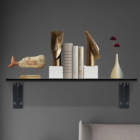 Heavy Duty Metal Shelf Brackets For Wall Mount Storage Straight Up Zero Fuss Setup displaying modern decor, books, and vases.