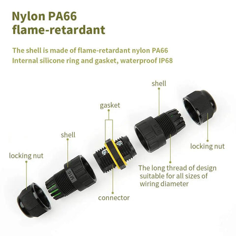 Exploded view of Outdoor IP68 Waterproof Junction Box Cable Connector 2 Way 3 Pin M16 Plug For 3.5-10mm Wires No Sweat Easy To Install