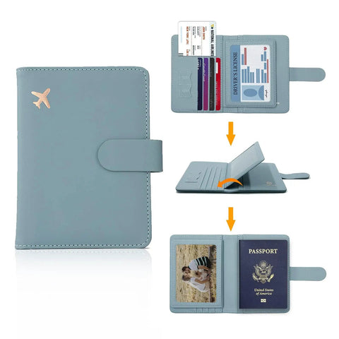Open and closed RFID Passport Holder Travel Wallet For Women And Men With RFID Blocking and Double Card Slots Plus Clear Window Pockets Cute Green Passport Cover Case for Safe Easy Global Travel.