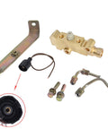 Premium Brass Disc Brake Proportioning Valve Kit With Pre Bent 1/2 And 9/16 Inch Brake Lines showing valve, bracket, and hardware components.