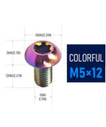 Set Of 4 Titanium M5 X 12mm Water Bottle Cage Bolts For MTB Bikes Colorful 6Al4V Grade 5 Titanium Alloy Button Torx T25 Drive Ultra Lightweight At 2g Each Corrosion Resistant High Strength image showing a colorful titanium bolt with dimensions.