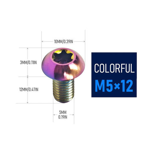 Set Of 4 Titanium M5 X 12mm Water Bottle Cage Bolts For MTB Bikes Colorful 6Al4V Grade 5 Titanium Alloy Button Torx T25 Drive Ultra Lightweight At 2g Each Corrosion Resistant High Strength image showing a colorful titanium bolt with dimensions.