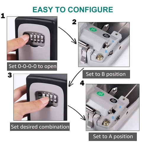 Instructions for Outdoor Key Lock Box Wall Mount Waterproof Safe With Resettable Combination Code, showing code setting process.
