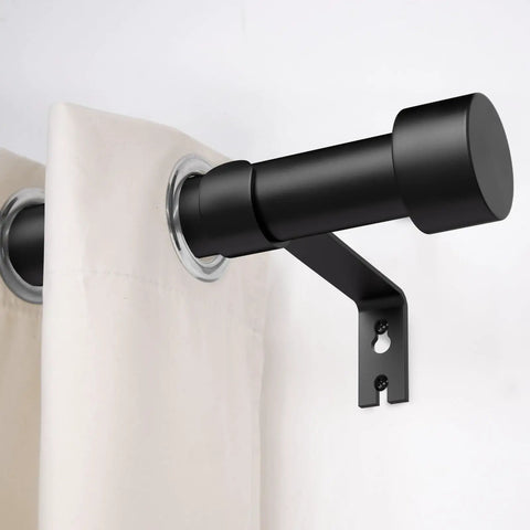 Close-up of black curtain rod setup, part of Two Pack Adjustable Curtain Rods 32 To 60 Inches, 1 Inch Black Heavy Duty Drapery Rod Set