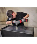 Person using 10 Gauge Nibbler With Variable Speed And Tool Free 360 Die Holder Rotation for clean cuts in mild steel