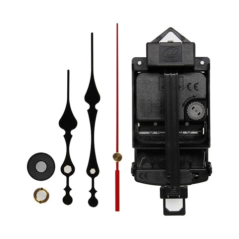 DIY Pendulum Clock Movement Kit with Silent Hands for Non Ticking Clocks, includes black hands and fittings.