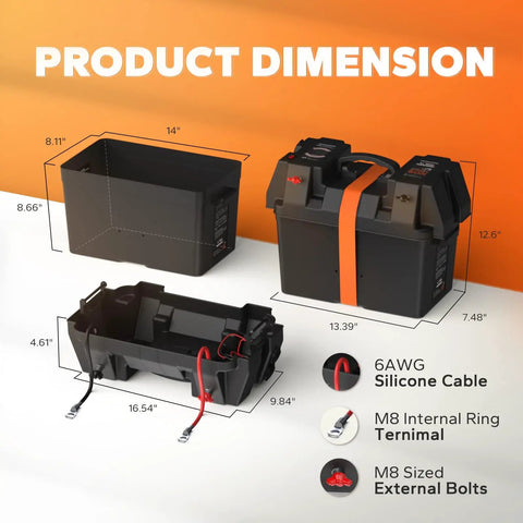 Product dimensions of Heavy Duty Slick Smart Battery Box Fits Group 24 27 And 31 Cells, showcasing sizes and cable details.