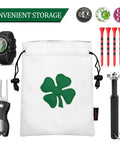 Leather Golf Valuables Pouch With Drawstrings featuring a shamrock design, surrounded by golf accessories and tees.