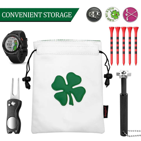 Leather Golf Valuables Pouch With Drawstrings featuring a shamrock design, surrounded by golf accessories and tees.