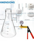 Buchner Funnel Filtration Kit With Handheld Vacuum Pump And 500mL Lab Vacuum Flask Includes 100 Pcs Filter Paper And Rubber Stoppers Set For Fast Pro Grade No Fuss Leakproof Lab Filtration displaying flask, funnel, stoppers, and pump dimensions.