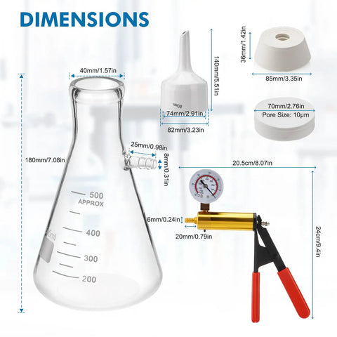 Buchner Funnel Filtration Kit With Handheld Vacuum Pump And 500mL Lab Vacuum Flask Includes 100 Pcs Filter Paper And Rubber Stoppers Set For Fast Pro Grade No Fuss Leakproof Lab Filtration displaying flask, funnel, stoppers, and pump dimensions.