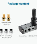Package content of 5 Way 2 Position Pneumatic Solenoid Valve With 1 Quarter Inch NPT Inlet And Outlet, mufflers, fittings, valve model 4H21008