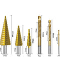 Premium 6Pc Step Drill Bit Set With Titanium Coating For Iron Wood And Metal, Huge Range From 3mm To 32mm To Punch Perfect Holes Like A Boss Without Breaking A Sweat. six gold step bits shown with size markings, 3mm to 32mm