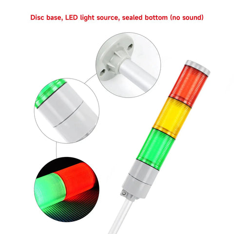 Beefy IP65 Waterproof LED Stack Light with round bottom base, three-layer signal tower in red, yellow, green for 24V DC industrial use