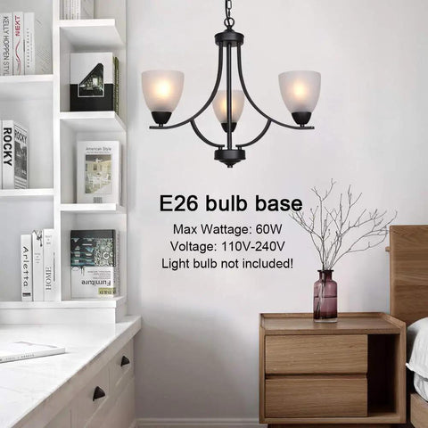 Three Light Shaded Contemporary Chandeliers With Alabaster Glass In Sleek Black Rustic Finish, hanging in modern bedroom.