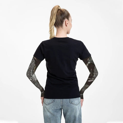 Back view of woman wearing Steampunk Seahorse Cooling Arm Sleeves With Thumb Holes UPF 50+ for sun protection.