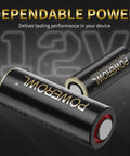 High Performance A23 Batteries 6 Pack 12V Alkaline Power for Garage Door Remote showing two batteries with black casings and gold text.