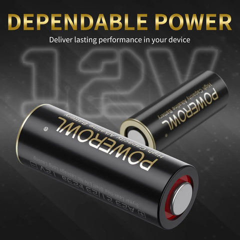 High Performance A23 Batteries 6 Pack 12V Alkaline Power for Garage Door Remote showing two batteries with black casings and gold text.