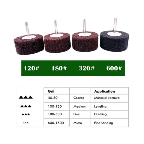 Different grit levels of Red Non-Woven Flap Buffing Wheel 180 Grit, 6mm 1/4 Inch Shank Drill Polishing Abrasive, 4 types