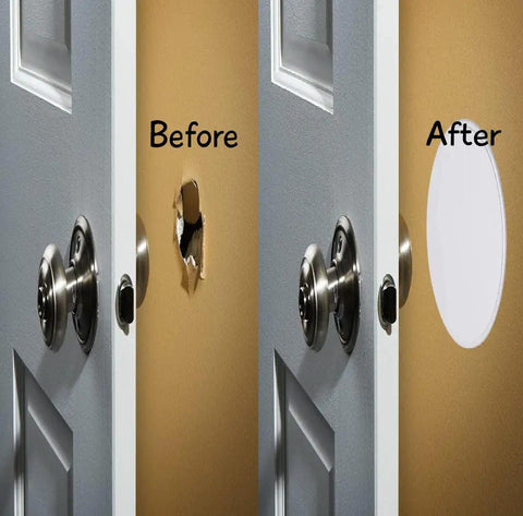 Before and after using Five Pack Wall Door Protectors, 5 Inch Self Adhesive Door Knob Bumpers showing a damaged and protected wall.