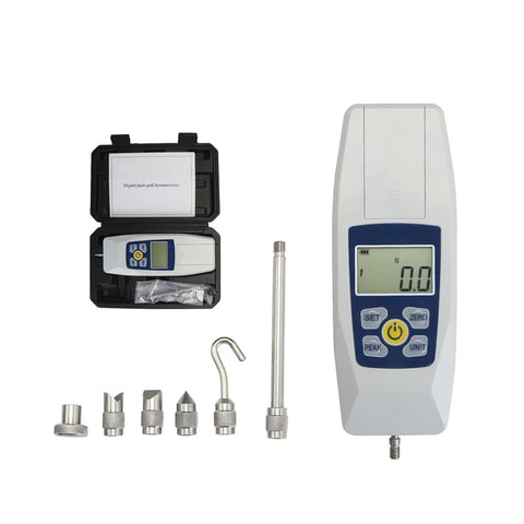 Compact Push And Pull Tester Meter For Tension And Compression Testing With Real Time Peak And First Peak Modes, Four Unit Options N Kg Lb Oz, Pro Grade Precision And High Resolution, Acceleration Setting For Accurate Measurements, handheld digital dynamometer with case and attachments