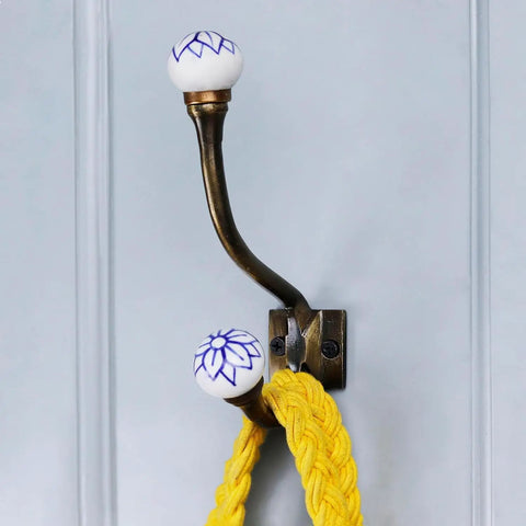 Heavy Duty Double Coat Hooks Wall Mount Six Pack In Blue And White, Decorative Prong Hooks Perfect For Coats, Towels, Backpacks, Purses