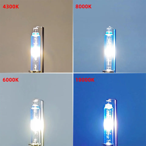 Comparison of D1S Xenon HID Headlight Bulb 8000K with other color temperatures from 4300K to 10000K showcasing beam color differences.