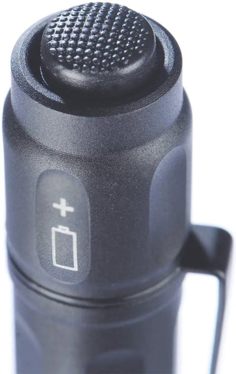Close-up of the switch on Compact LED Flashlight With 106 Lumen High And 21 Lumen Low Modes 55 Meter Beam 3.8 Inch Aluminum Body IPX7.
