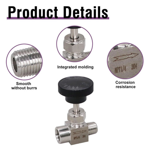 Napredak stainless steel gas needle valve, 1/4 NPT female x 1/4 NPT male, black knob