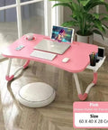 Foldable Laptop Bed Table With Drawer And Cup Holder, Go-To Lap Desk For Bed Or Sofa, Breakfast Tray, TV Tray, Reading Stand, Phone Slot, Pink Finish For Couch Time