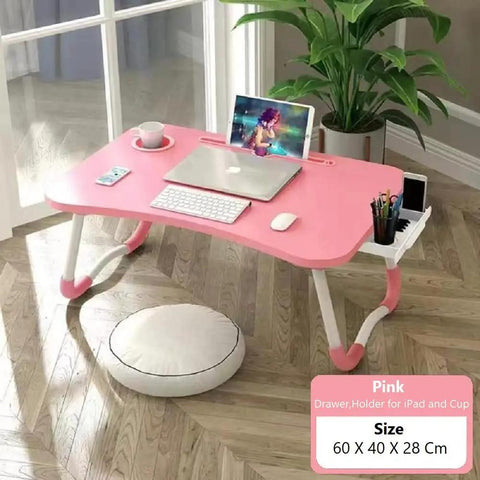 Foldable Laptop Bed Table With Drawer And Cup Holder, Go-To Lap Desk For Bed Or Sofa, Breakfast Tray, TV Tray, Reading Stand, Phone Slot, Pink Finish For Couch Time
