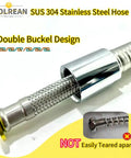 SUS 304 stainless steel hose with double buckle design, showcasing durable structure, resistant to tearing.