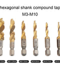 Six Piece Titanium Drill Tap Bit Set With 1/4 Inch Hex Shank For Metric M3 To M10 Taps And Countersink Bits, HSS 4341 High Speed Steel