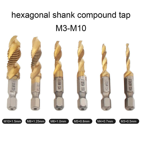 Six Piece Titanium Drill Tap Bit Set With 1/4 Inch Hex Shank For Metric M3 To M10 Taps And Countersink Bits, HSS 4341 High Speed Steel
