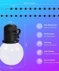 Outdoor Smart String Lights With App Control, 50 Feet Waterproof RGB G40 LED Bulbs, diagram and safety features