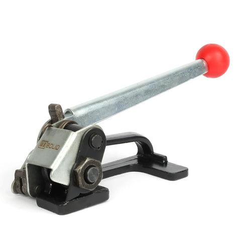 Rock Solid Steel Strapping Tensioner Tool For Pallet Packaging Banding 1/2 To 5/8 Inch Steel Strap with red handle for easy grip.