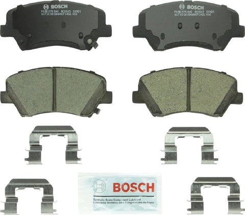 Bosch QuietCast ceramic front brake pads set with mounting hardware and lubricant packet
