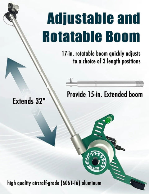 Adjustable and Rotatable Boom for Heavy Duty Drill Attachment Cable Puller, 17-inch length, aircraft-grade aluminum, extends 32 inches.