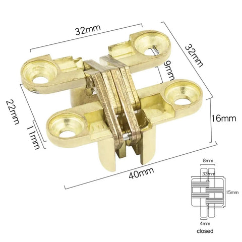 Concealed Barrel Cross Door Hinges For Wooden Boxes And Cabinets, Invisible Folding Door Hardware, Gold Finish 11x40MM