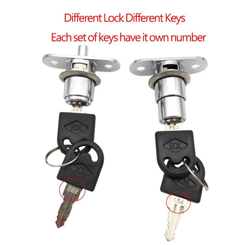 Premium Heavy Duty Two Pack Push Plunger Lock With Unique Keys For Cabinet Wardrobe And Storage Zinc Alloy Chrome Coating Locks displayed with keys.